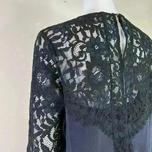 Intermix Black Lace Long Sleeve Blouse Women’s Size M Silk Navy Contrast Top - Picture 4 of 9